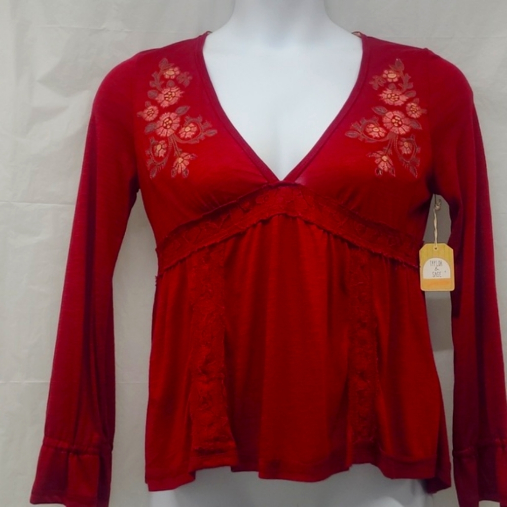 Embroidered Peasant Top Lace Trim Burgandy Red Lightweight Long Bell Sleeve Boho